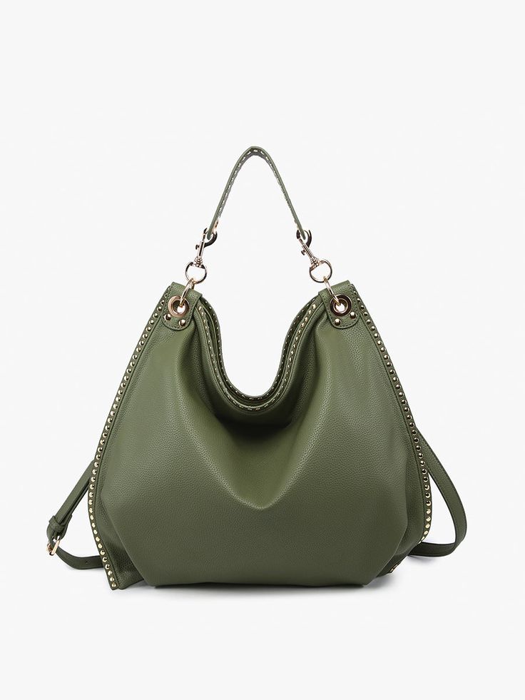 Snap and zipper closures provide secure storage for your essentials. Metal accent detailing on the snap closure adds a stylish touch. Dimensions: 13"L x 11"H x 2.5"D Material: Vegan Leather Green Bag With Metal Hardware For Everyday Use, Green Handheld Bag With Zipper Closure, Modern Hobo Bag With Zipper And Double Handle, Modern Hobo Bag With Double Handle, Top Handle Bucket Bag With Zipper For Errands, Trendy Hobo Bag With Zipper Pocket And Double Handle, Crossbody Shoulder Bag With Zipper Closure For Errands, Crossbody Shoulder Bag With Zipper For Errands, Satchel Shoulder Bag With Zipper Closure For Errands