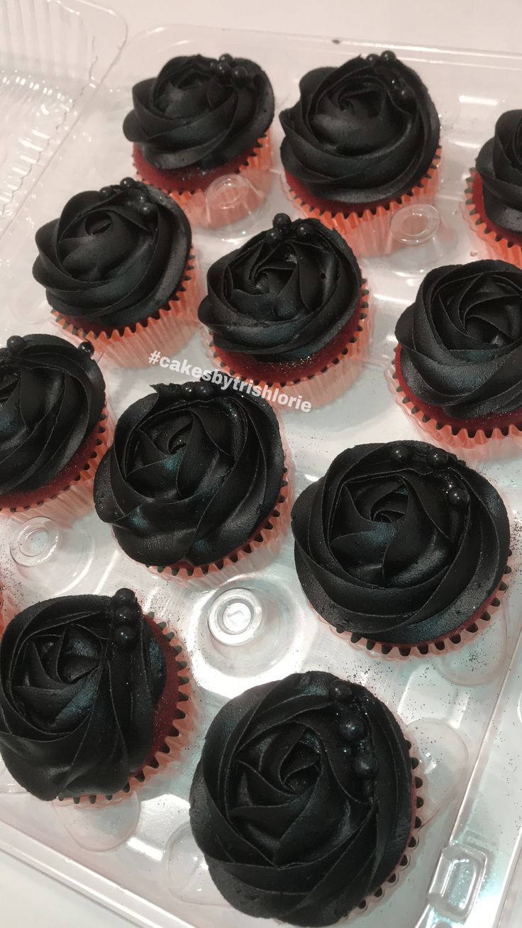 twelve cupcakes with black frosting in a plastic container