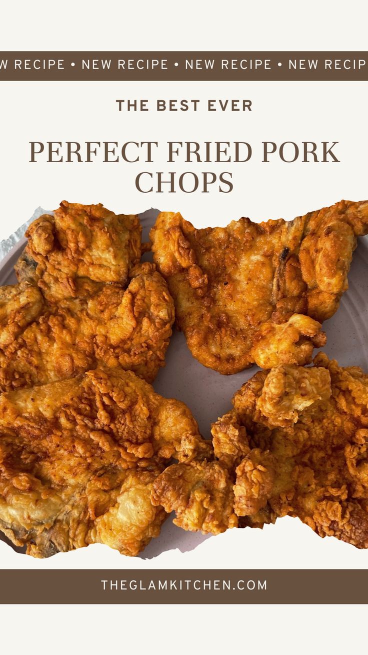 the best ever perfect fried pork chops recipe on a plate with text overlay