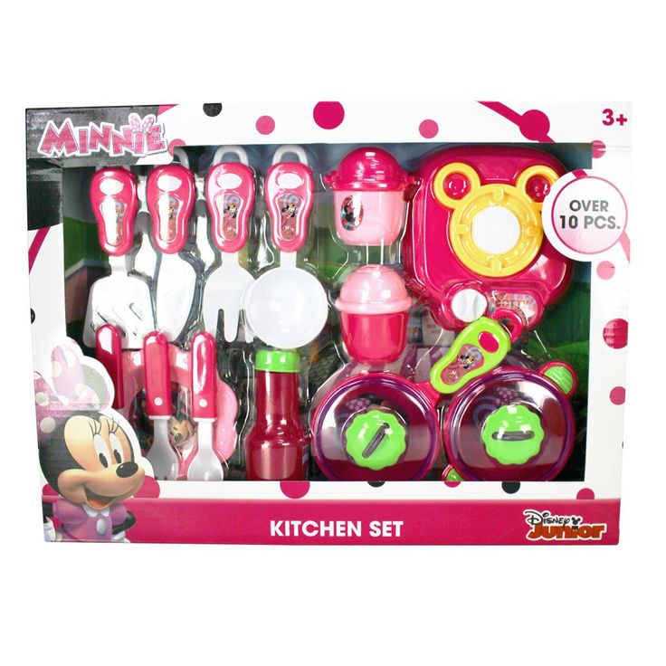 the toy kitchen set includes mickey mouse and minnie mouse's cooking utensils