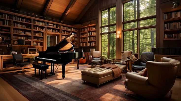 a living room filled with furniture and a grand piano