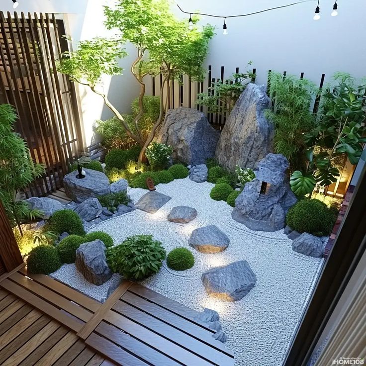 an outdoor garden with rocks and plants