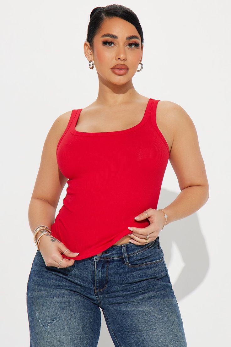 Red Elastane Sleeveless Top, Red Sleeveless Elastane Top, Red Trendy Tank Strap Tops, Trendy Red Tops With Tank Straps, Trendy Red Tank Top, Red Elastane Tank Top For Spring, Basic Red Tank Top For Summer, Casual Red Tank Strap Tops, Trendy Red Seamless Tank Top