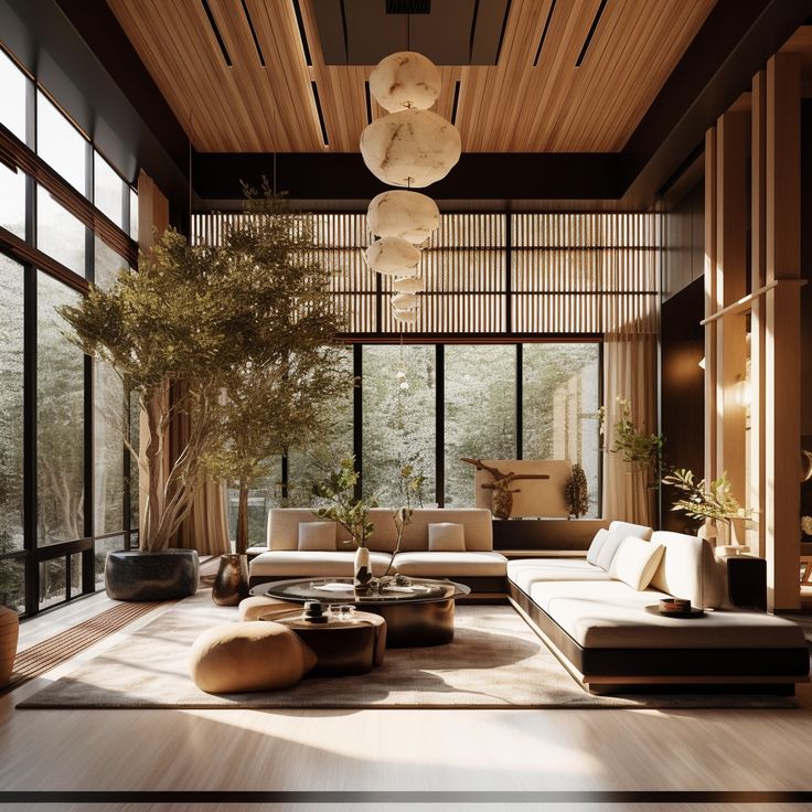 a living room filled with lots of furniture and large windows next to a tall tree