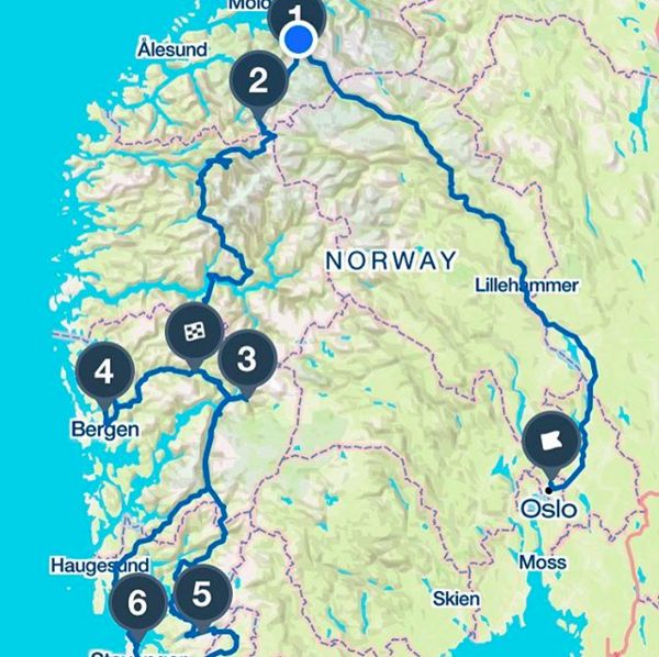 the route map for norway is shown in blue and white, with several locations marked