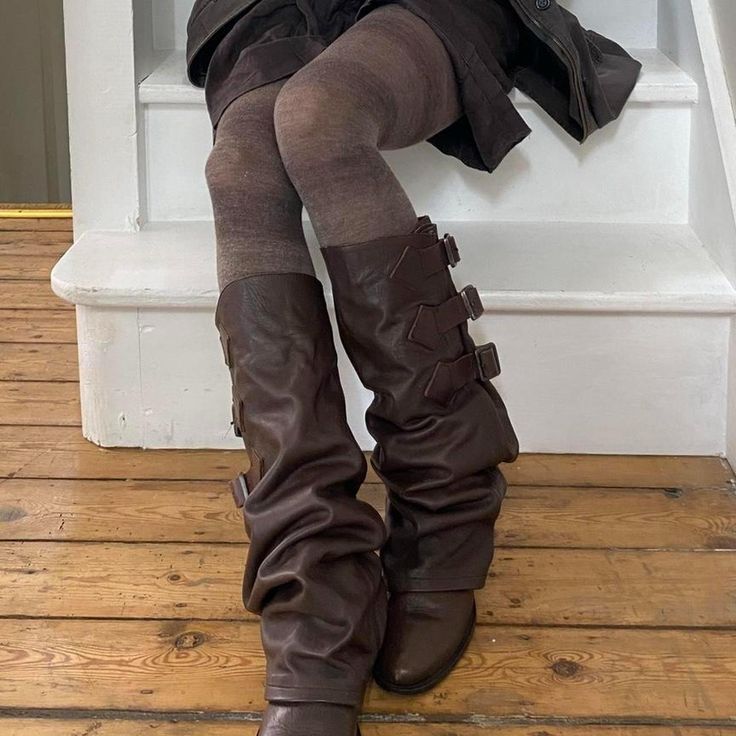 brown knee high leather buckle boots Dark Brown Leather Boots, Fold Over Boots, Brown Knee High Boots, Slouchy Boots, I'm With The Band, Buckle Boots, Brown Leather Boots, Pretty Shoes, Dream Shoes