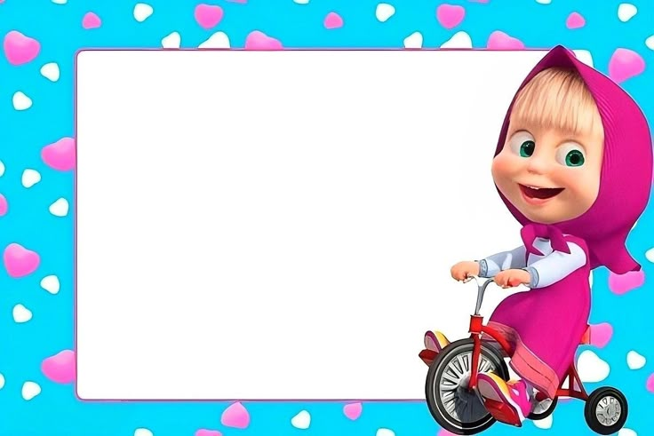 a cartoon girl riding a bike with hearts on the background and a blank sign in the foreground