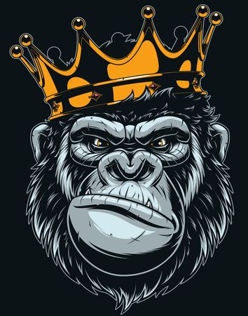 a gorilla wearing a crown on top of it's head with the word king written in