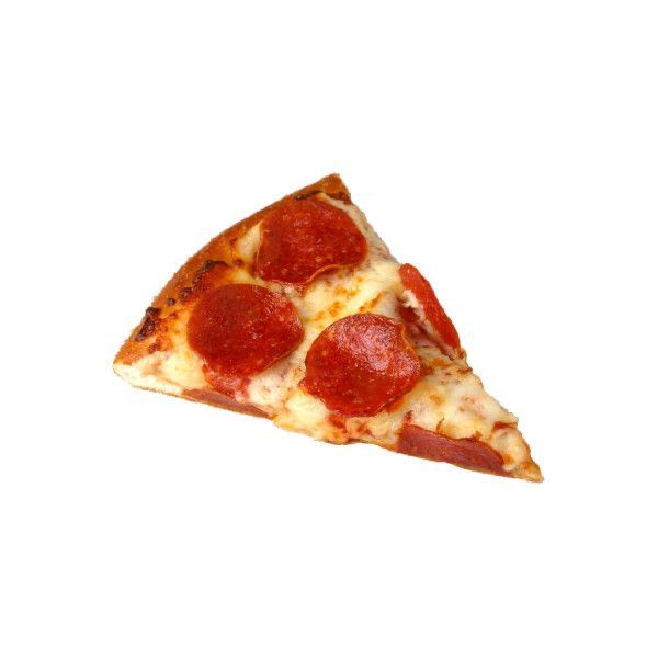 a slice of pepperoni pizza on a white background