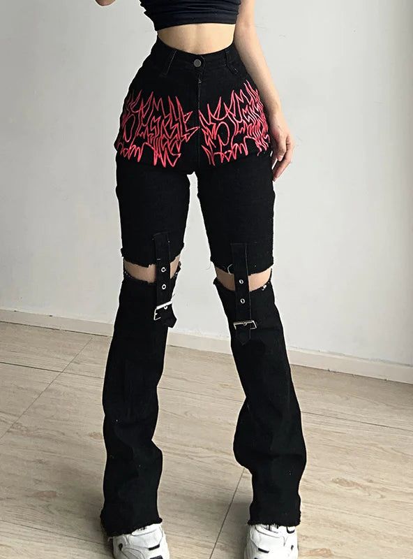 Name of fabric: denimType: high waistThickness: mediumPopular elements: patternsColor: blackSizes: S,M,LElastic force: no elastic forcePants: feet pantsTechnology: printing Mom Goth, Clothes Alt, Gothic Pants, Dark Clothes, Y2k Pants, Gothic Emo, Streetwear Grunge, Y2k Aesthetic Outfits, Fire Fits