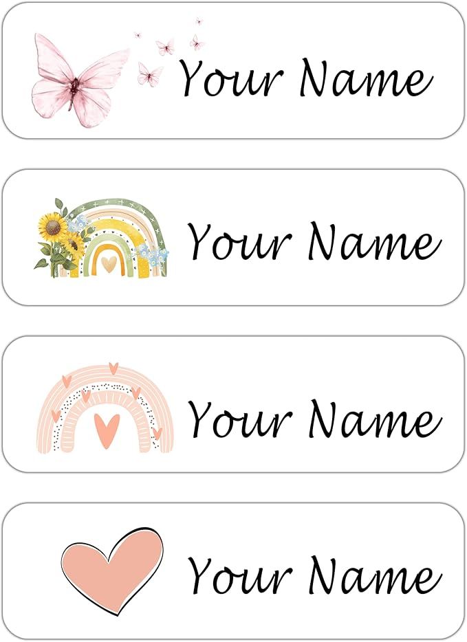 three name tags with hearts, butterflies and rainbows on the front one says your name