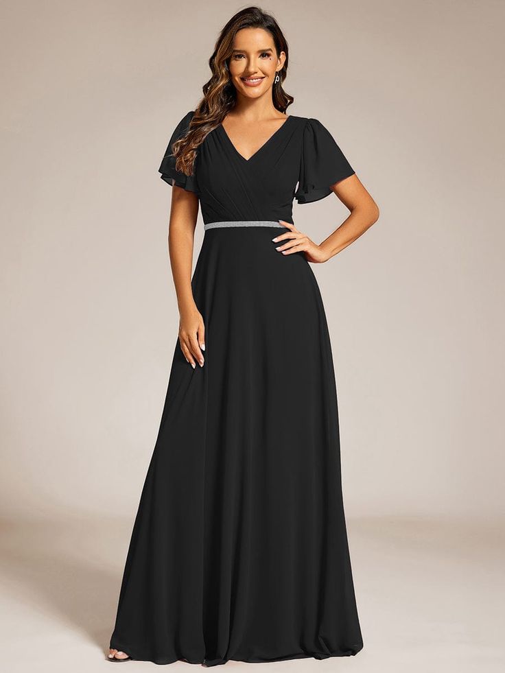 Pleated A-Line Chiffon Evening Dress with Short Sleeves and Sequin Waist #color_Black Elegant Short Sleeve Chiffon Dress For Evening, Elegant Chiffon Dress With Short Sleeves For Evening, Elegant Short Sleeve Chiffon Prom Dress, Formal Fitted Chiffon Dress With Short Sleeves, Short Sleeve Chiffon Dress For Wedding, Formal Fitted Short Sleeve Chiffon Dress, Elegant Fitted Chiffon Dress With Short Sleeves, Short Sleeve Chiffon Party Dress, Fitted Short Sleeve Chiffon Evening Dress