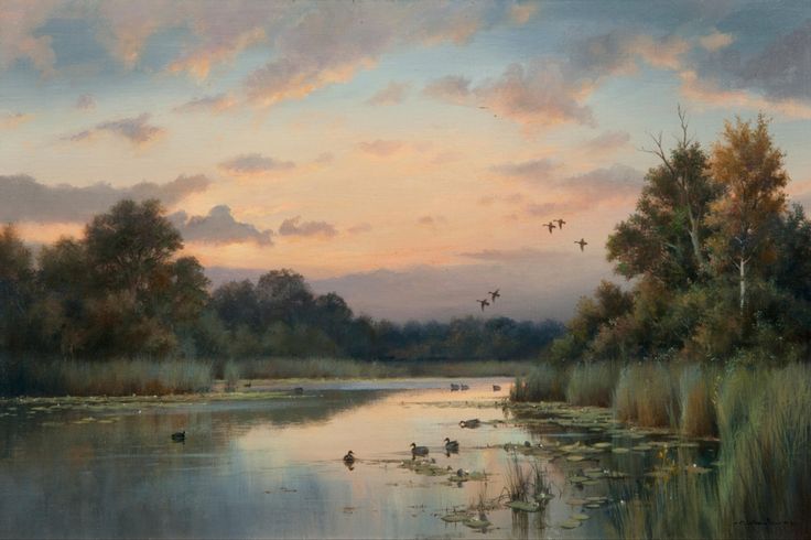 a painting of ducks swimming in a lake at sunset with trees and clouds behind them