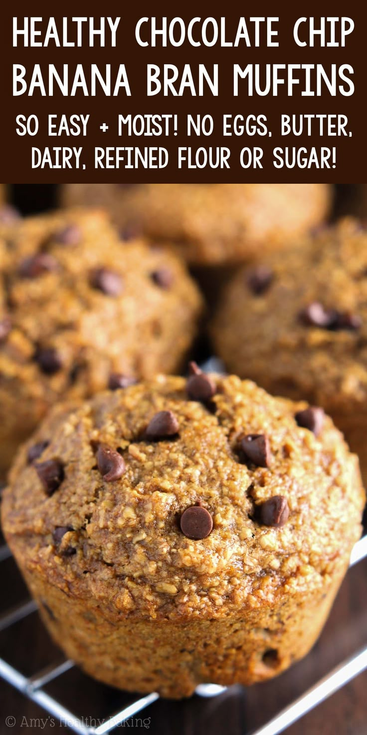 healthy chocolate chip banana bran muffins with text overlay that says healthy chocolate chip banana bran muffins