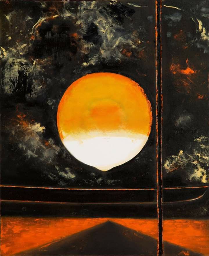 an abstract painting with orange and black colors on the top, in front of a dark background