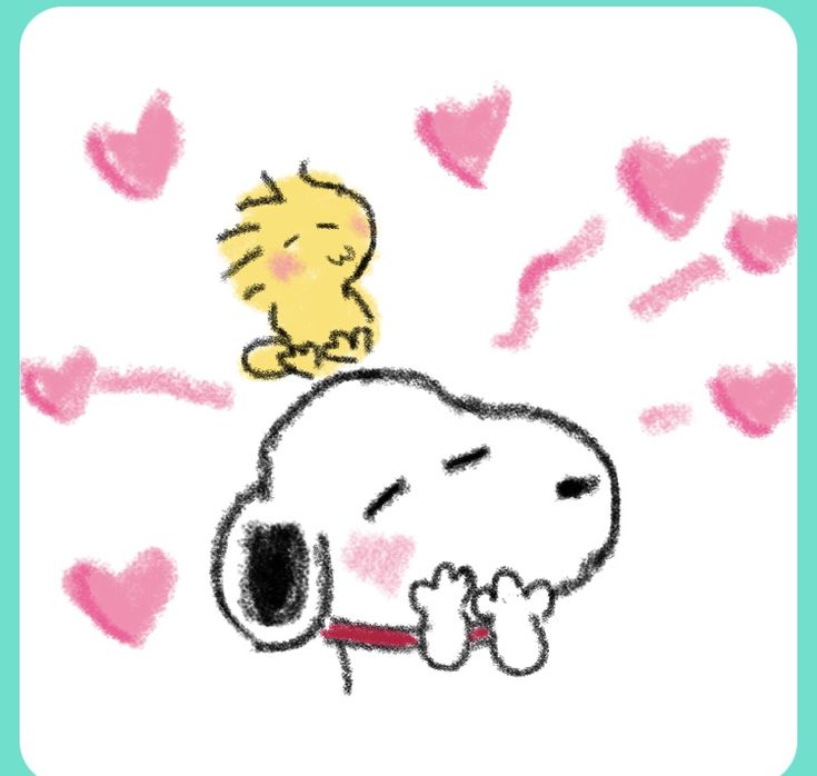 a drawing of a dog sitting on top of a snoopy with hearts around it