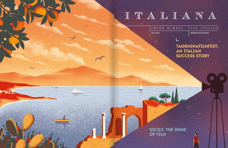 the cover of an italian magazine called italiana, featuring oranges and seagulls