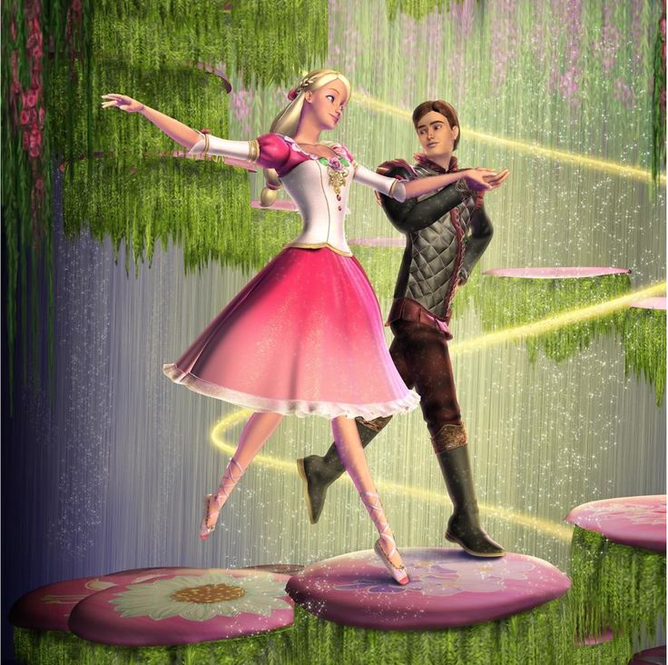 a man and woman dressed in fairy tale costumes dancing on top of stepping stones with trees behind them