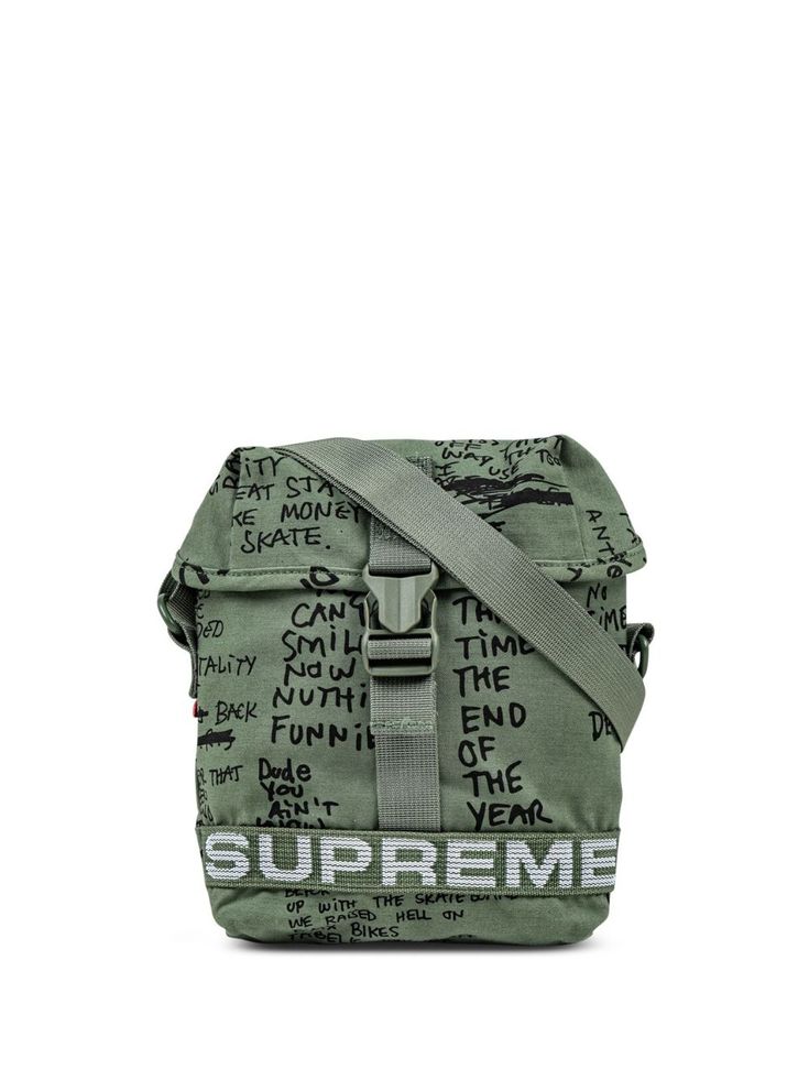 dark green logo print to the front slogan print foldover top buckle fastening adjustable shoulder strap Supreme Bag, Side Bag, Office Bag, Green Logo, Bag Green, Side Bags, Balenciaga Triple S, Custom Watch, Military Inspired