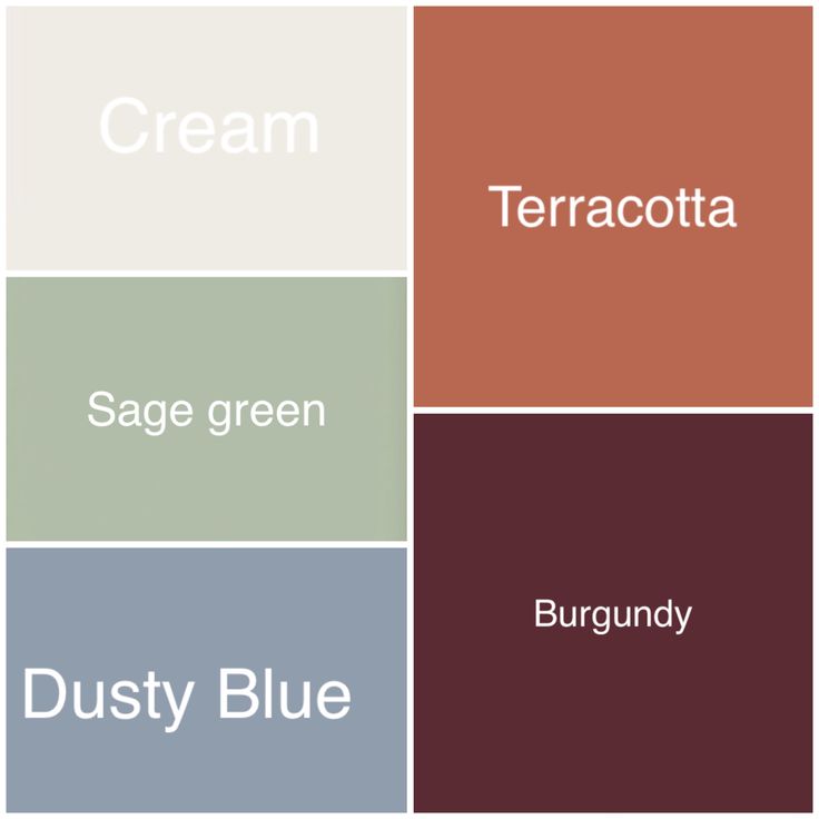 the words dusty blue, terracotta, sage green and burgundy are arranged in squares