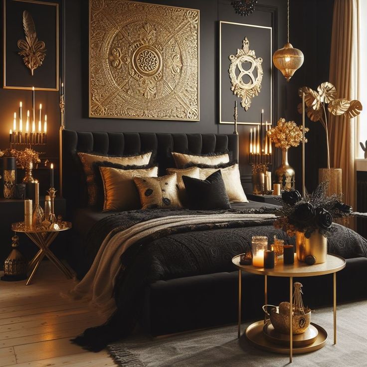 a bedroom decorated in black and gold with candles on the side table, artwork above the bed