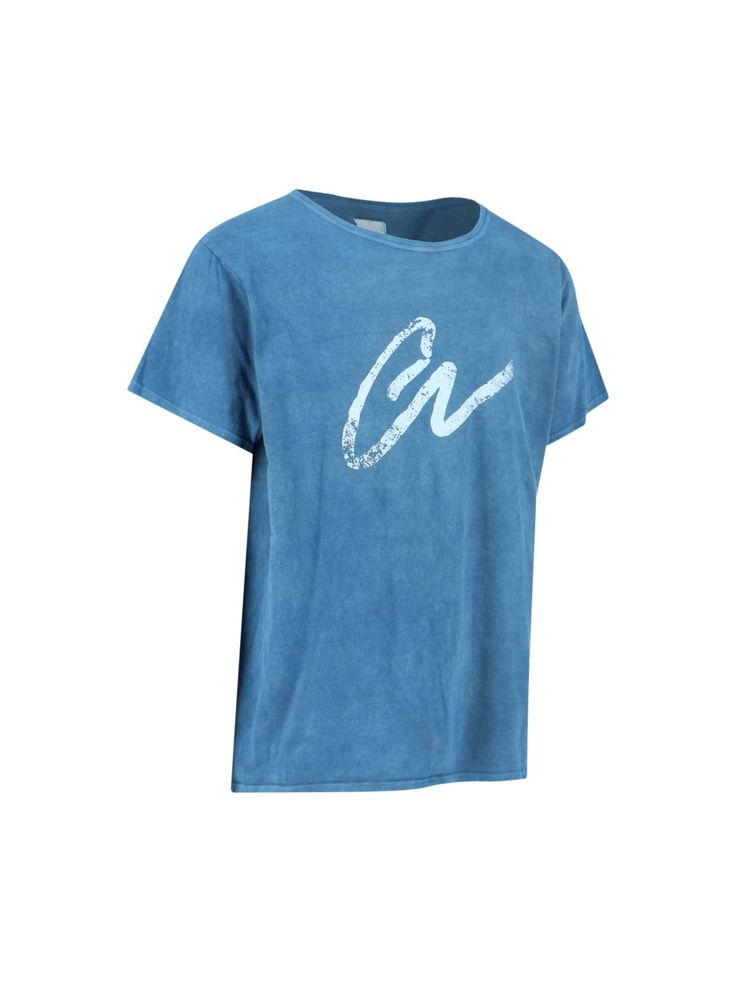 Greg Lauren 'GL' print t-shirt in blue cotton with distressed details, crew neck, short sleeves, white logo print at the front, straight hem. Washed Blue Graphic Tee With Screen Print, Blue Distressed Crew Neck T-shirt, Washed Blue Crew Neck Tops With Screen Print, Blue Distressed Short Sleeve T-shirt, Blue Distressed Cotton T-shirt, Washed Blue Graphic Print Crew Neck Top, Washed Blue Crew Neck Top With Graphic Print, Blue Crew Neck Washed T-shirt, Washed Blue Graphic Print T-shirt, Relaxed Fit