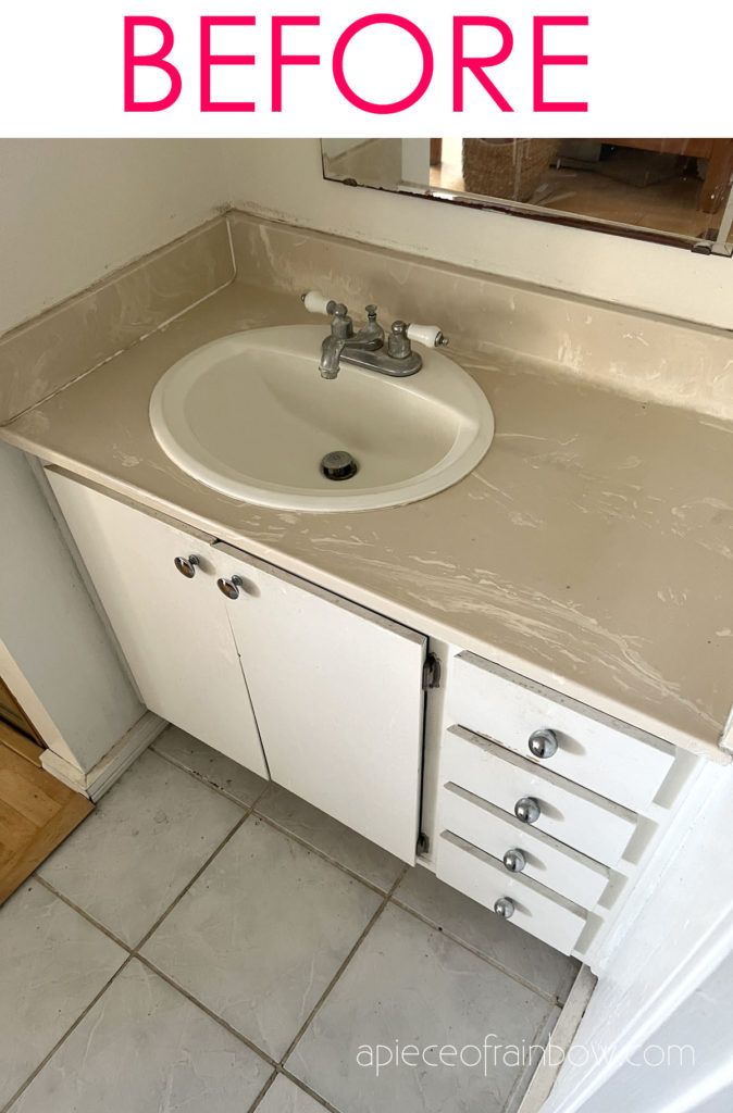 a bathroom sink with the words before and after on it