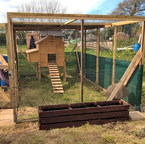 an outdoor chicken coop with stairs to the top