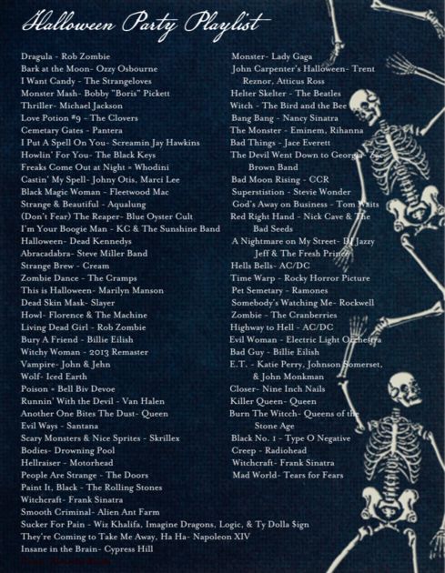 a skeleton party poster with the names of all skeletons and their names in white on a black background