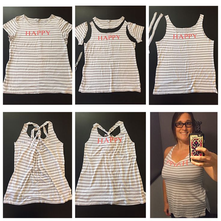 four different pictures of a woman's shirt with the words happy written on it