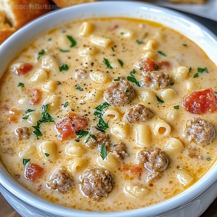 a bowl of soup with meatballs and cheese in it on a table next to bread