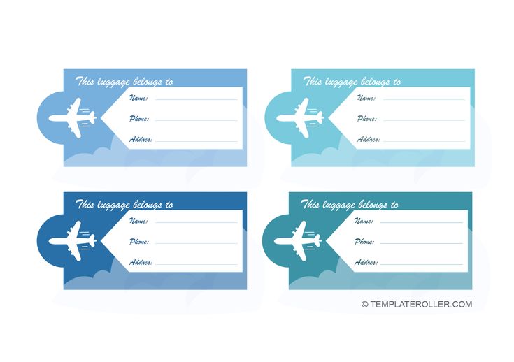 four airplane themed gift tags with the words, this luggage belongs in blue and white