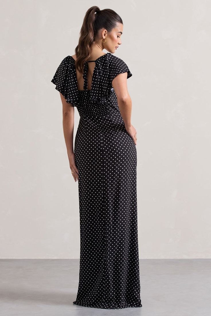 Chic Polka Dot Maxi Dress For Evening, Polka Dot Summer Maxi Dress, Polka Dot Maxi Length Evening Dress, Elegant Polka Dot Maxi Dress For Summer, Elegant Flowy Polka Dot Dress, Polka Dot Maxi Dress For Summer Evenings, Chic Polka Dot Maxi Dress, Summer Evening Polka Dot Maxi Dress, Chic Flowy Polka Dot Dress