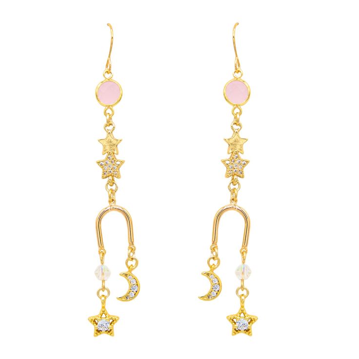 14k Gold Filled Earwire Anti-tarnish, Anti-allergy. Celestial Drop Earrings Tarnish Resistant, Celestial Drop Earrings, Gold Celestial Earrings For Everyday Wear, Celestial Style Hypoallergenic Drop Earrings, Everyday Gold Celestial Earrings, Celestial Hypoallergenic Earrings For Everyday, Hypoallergenic Celestial Earrings For Everyday, Celestial Style Earrings With Ear Wire For Everyday, Pink Dangle Gold Plated Earrings