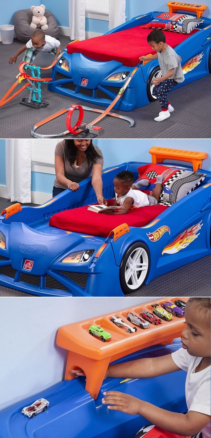 there are two pictures of children playing in a car bed