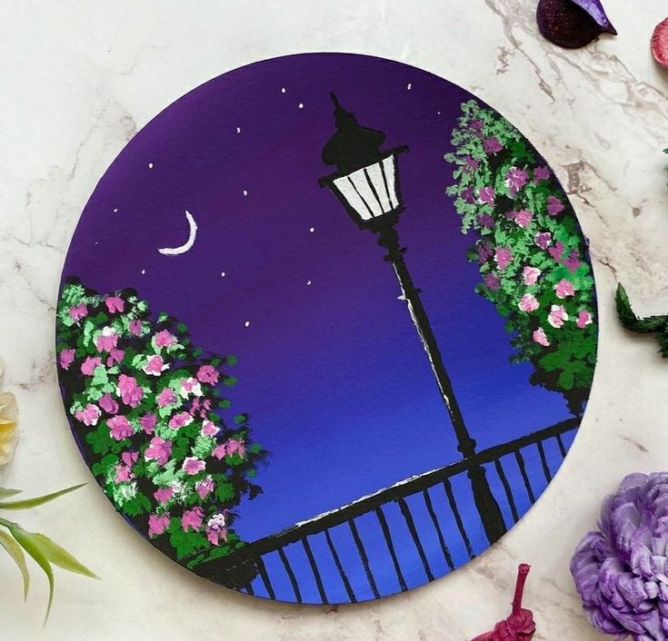 a painting of a street light and flowers on a marble surface with purple, pink and green colors