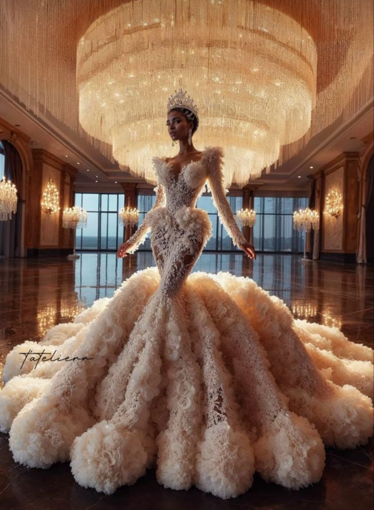 a woman in a dress made out of fluffy furs and pearls, standing on a floor