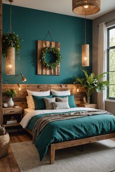 a bedroom decorated in teal and brown with wooden headboard, green bedding, two potted plants on either side of the bed