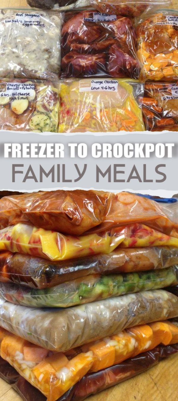 the freezer to crockpot family meals are packed in plastic bags and stacked on top of each other