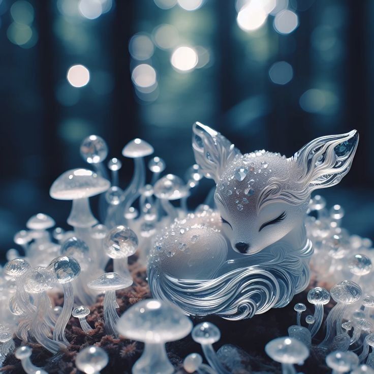 a white fox figurine sitting on top of a pile of glass bubbles and mushrooms