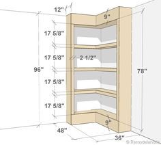 the measurements for an open shelving unit are shown in this drawing, and there is no image on it