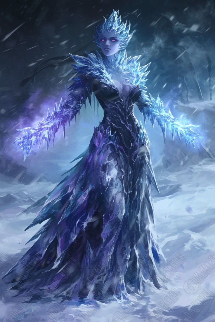 an ice queen in the snow with her arms outstretched