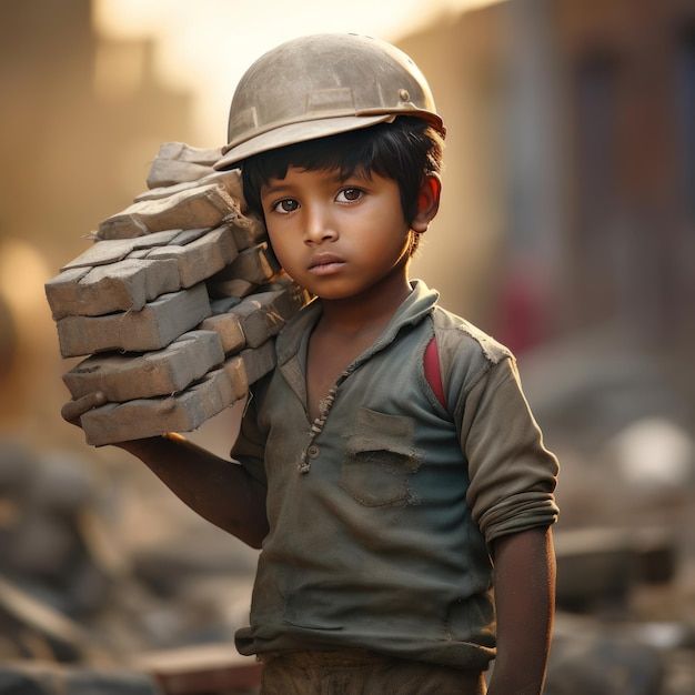 a young boy wearing a helmet and carrying bricks