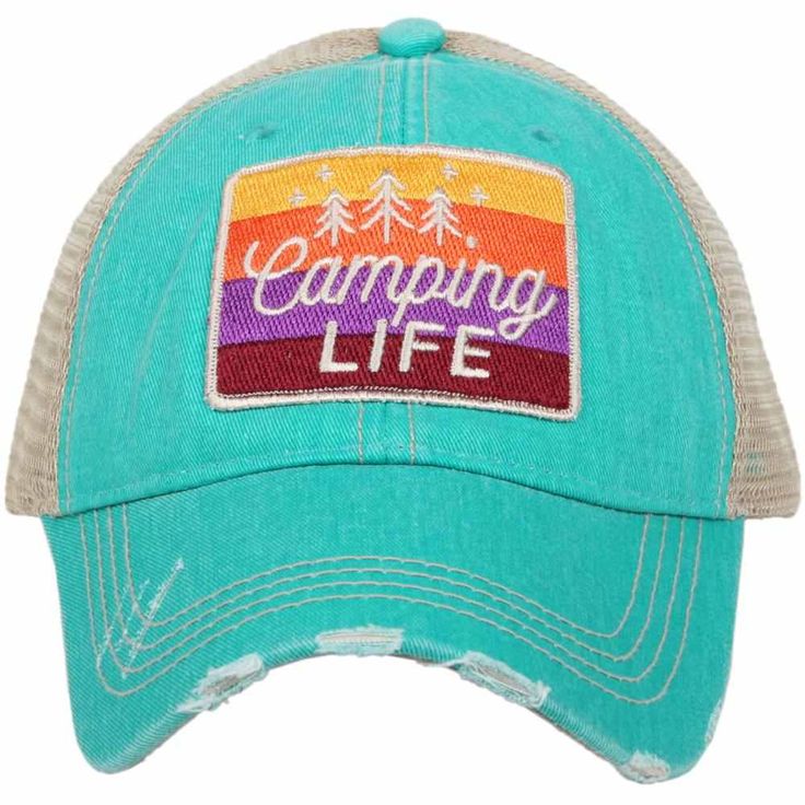 Katydid Camping Life Wholesale Trucker Hats Jean And Jacket Outfit, Hola Beaches, Camping Funny, Boat Hair, Friends Camping, Camping Hat, Resting Beach Face, Distressed Cap, Women Trucker