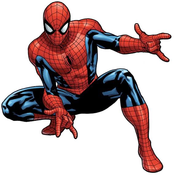 a man in a spider suit with his arms out and legs spread wide as he crouches down