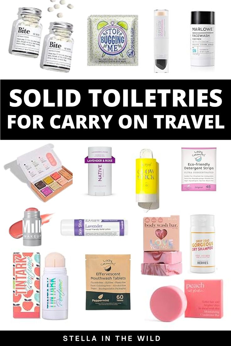 solid toiletries for travel Packing Liquids In Carry On, Travel Toiletries List, Toiletries For Travel, Toiletries List, Carry On Packing List, Carry On Toiletries, Packing Toiletries, Travel Fashion Girl, Travel Size Toiletries