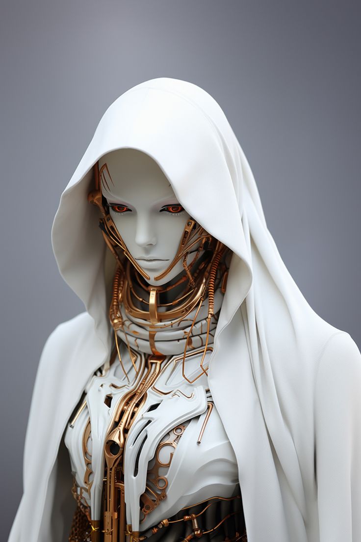 MP: Straight Portrait, creative and sci-fi profile of a woman robot in white robe and hood [religious, surreal] gold, technology, sci-fi & futuristic and elegant "prototype of a new world" [Isaac Asimov, Science Fiction, Frank Herbert, Mike Mignola] ::5 futuristic leather coat, detailed ::2 Artistic, abstract + surreal, white background, intricately detailed, fashion pose stunning ::1.7 Realistic rendering, studio lighting, accent lights, volumetric light, high key lighting, pro photo RGB, ray t Sci Fi Outfits Female, Sci Fi Fashion Futuristic, Sci Fi Outfits, High Key Lighting, Detailed Fashion, Sci Fi Outfit, Futuristic Costume, Sci Fi Aesthetic, Fashion Pose