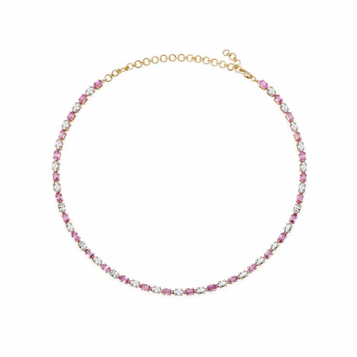 Necklaces 14K & 18K Gold East West Oval Alternating Pink Sapphire & Diamond Necklace Sapphire Diamond Necklace, Twin Daughters, Timeless Necklace, Bezel Set Earrings, Diamond Stacks, Bridal Diamond Jewellery, Anchor Necklace, Herringbone Necklace, Bridal Bands