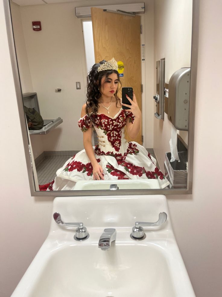 Red And White Charro Quinceanera Dress, White And Red Quinceanera Dresses, Quinceanera Charro Theme, Rancho Quince, Red Charro Dress, Charro Dresses Quinceanera, Short Quinceanera Dresses, Red Charro Quinceanera Dress, Quince Outfits Guest