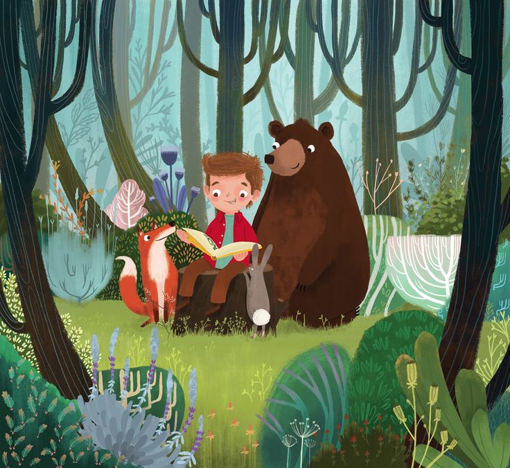 a boy is sitting in the woods with a bear and another animal next to him